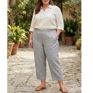 J. Jill Love Linen 100% Gray Wide Leg Pull On Cropped Loose Pants Size M Beach